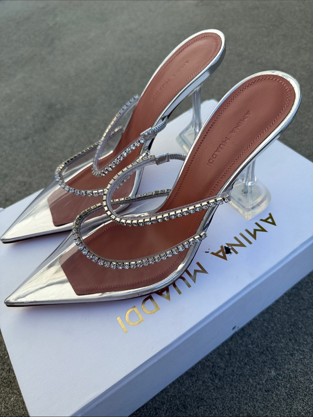 Amina Muaddi Silver Crystal-Embellished Pointed Mules size 38.5 IT